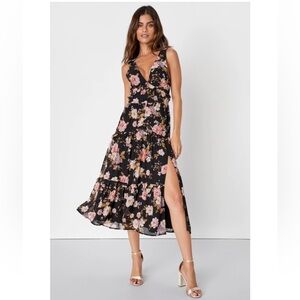 Black Floral Ruffled Backless Dress